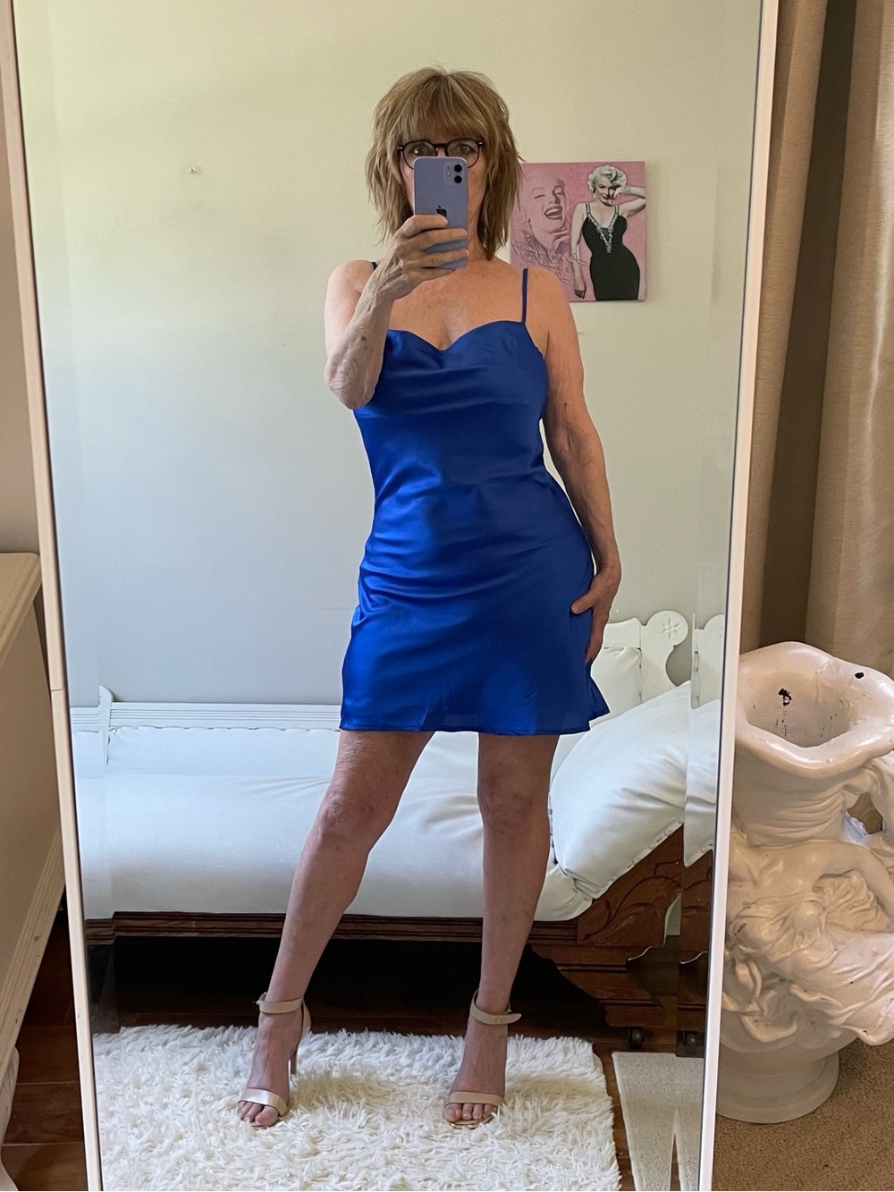 L LOVE COBALT BLUE SLIP DRESS COWL NECK LINED ADJUSTABLE STRAPS STRETCH A LINE